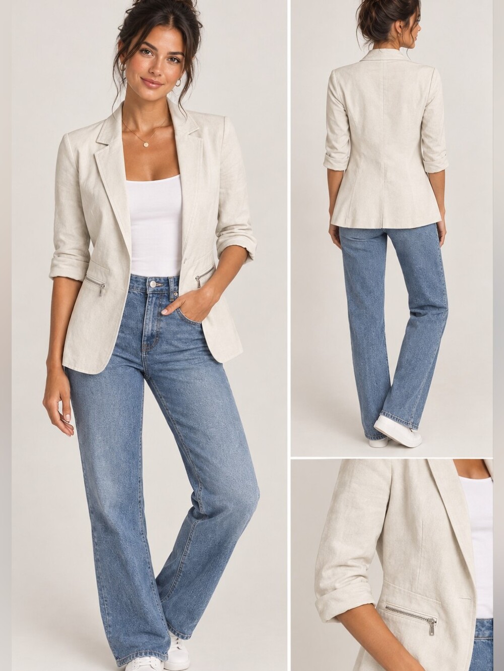 Dress Barn Beige Blazer with 3/4 Ruched Sleeves and Zipper Pockets, Size Medium